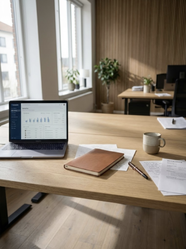 Arbetsmiljö med laptop, anteckningar och kaffekopp